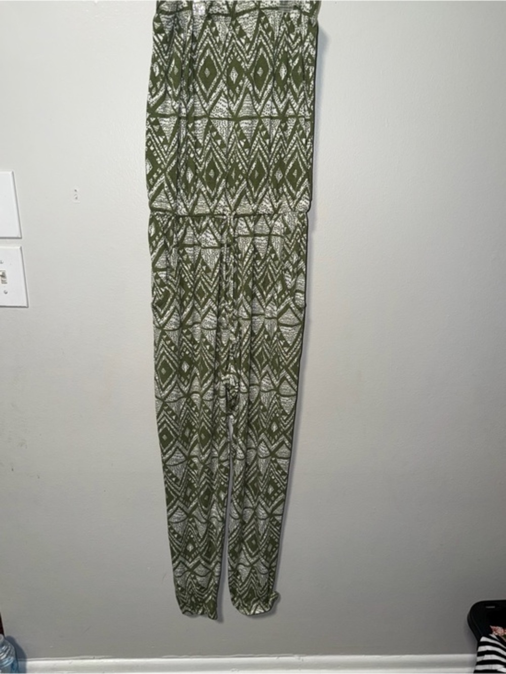 just be Olive Green and White Strapless Printed Jumpsuit